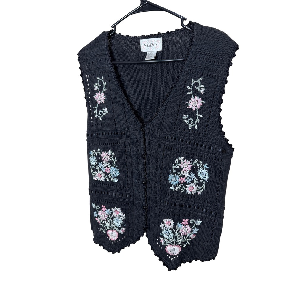 Vintage JENNY Black Embroidered Floral Button Front V-Neck Knit Vest M